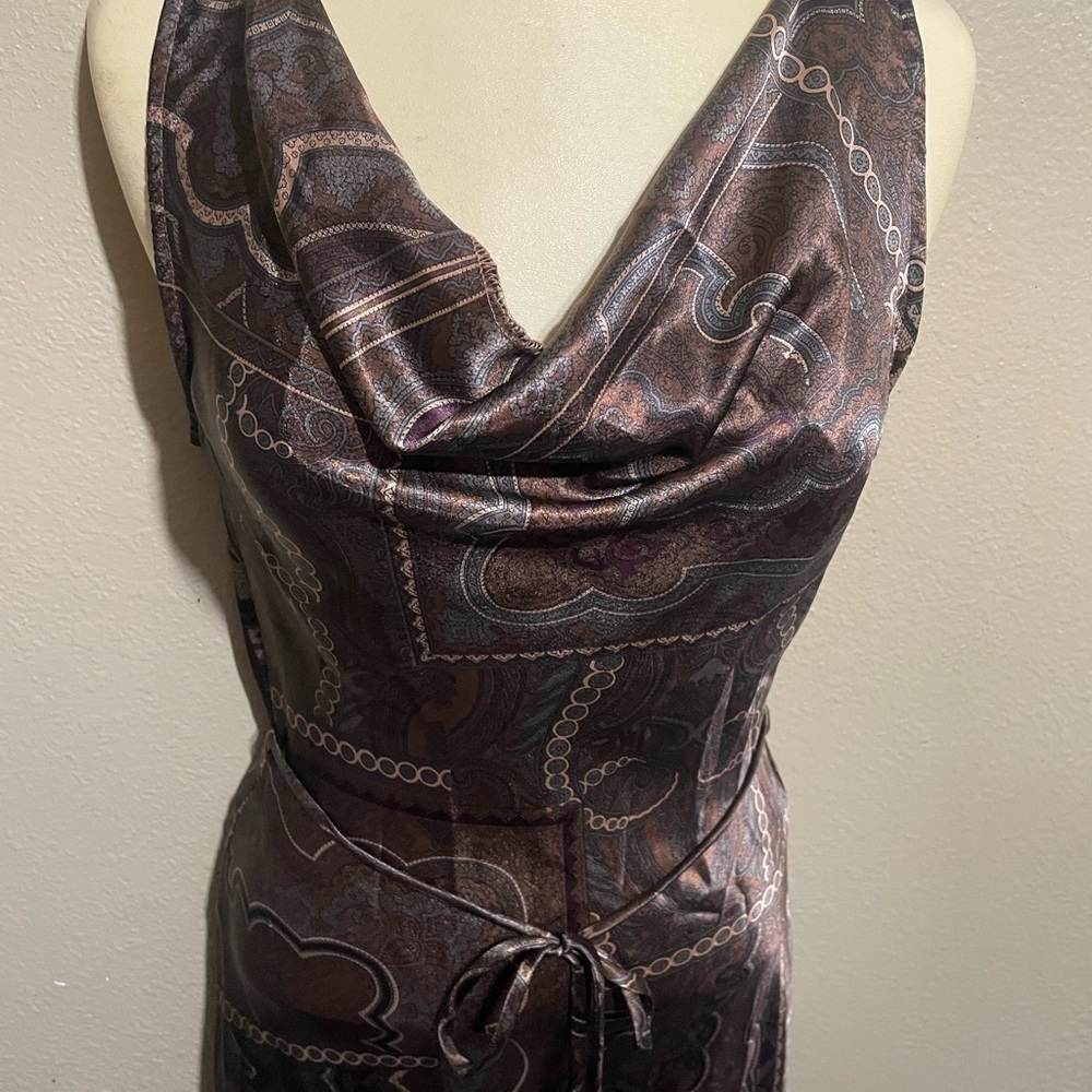 Elegant Silk Brown Patterned Dress Good Condition